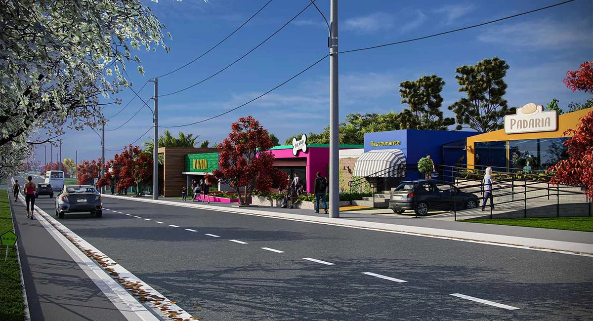 Rua comercial do bairro com padaria, restaurante e lojas