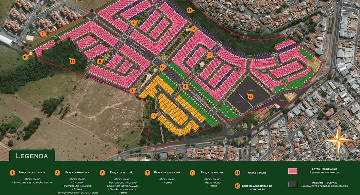 Planta de implantação do Smart Urba Dunlop com as quadras, as praças e a legenda de equipamentos