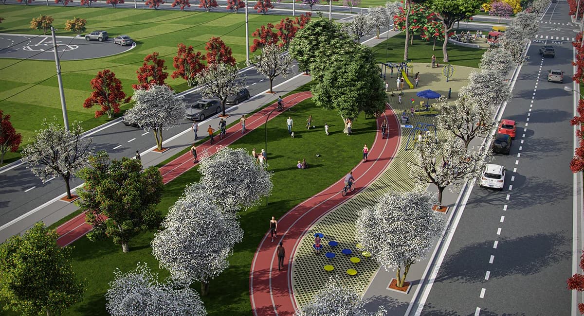Ciclofaixa e pista de caminhada arborizadas, com ciclistas e pedestres