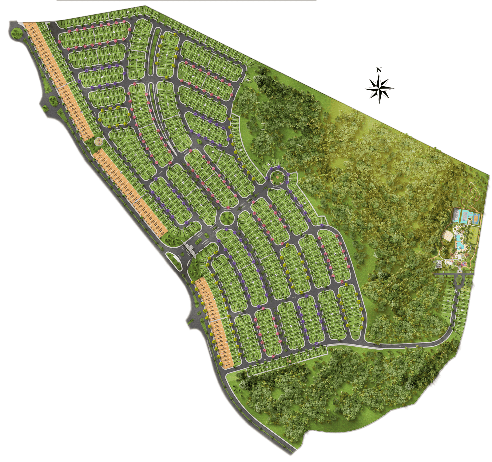 Planta de implantação do Atlantis com lotes, clube e áreas verdes