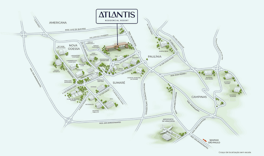 Mapa de localização do Atlantis em Nova Odessa e dos acessos da região